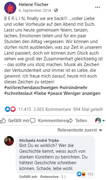 Helene Fischer äußert sich auf Instagram und Facebook zu Chemnitz #wirsindmehr